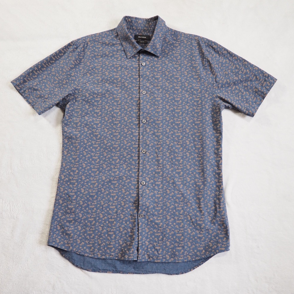 Matinique Sz XL Slim Fit Short Sleeve Button-Up Shirt - Blue Floral Print